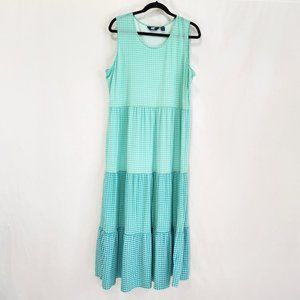 Lands' End Green Blue Check Tiered Boho Jersey Maxi Dress Size XL/P/18 LIKE NEW!